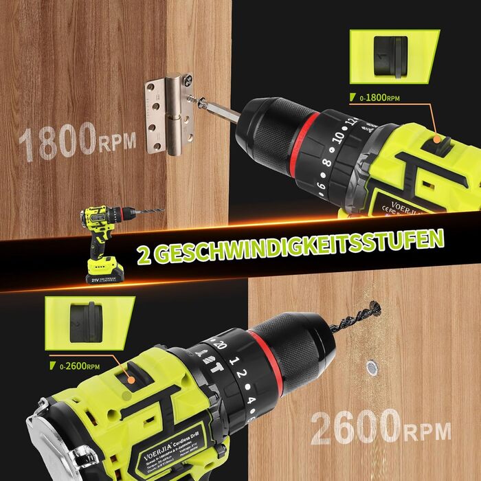 Акумуляторний шуруповерт 21V з набором 46 предметів: безщітковий дриль-шуруповерт, 2 акумулятори 2000 mAh, патрон 3/8', 20+3 ступені крутного моменту, до 65 Н.м, LED-ліхтар, 2 швидкості, аксесуари для електроінструментів