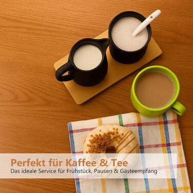 Набір для молока та цукру з кришкою та ложкою: молочник чорний керамічний та цукорниця з дерев'яним підносом, придатний для миття в посудомийній машині та використання в мікрохвильовій печі