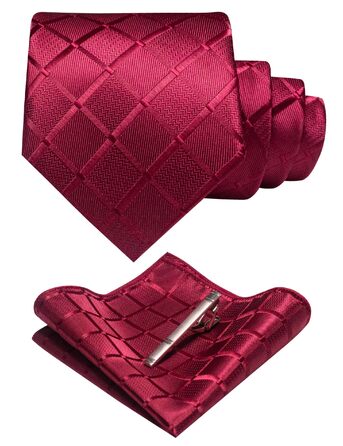 Чоловіча краватка в клітку JEMYGINS для весілля, хустка та зажим для краватки, однотонна (Бордовий)