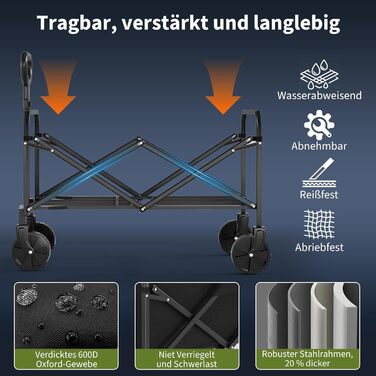 Візок вантажний складний 220L Heavy Duty для кемпінгу, саду, пляжу. Сталевий каркас, 600D Oxford PVC, регульована ручка, чорний
