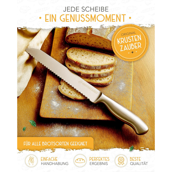 Ніж для хліба KRUSTENZAUBER з хвилястим лезом, 20 см, з нержавіючої сталі, для точного та легкого нарізання, великий ніж для хліба та булочок (26 см)