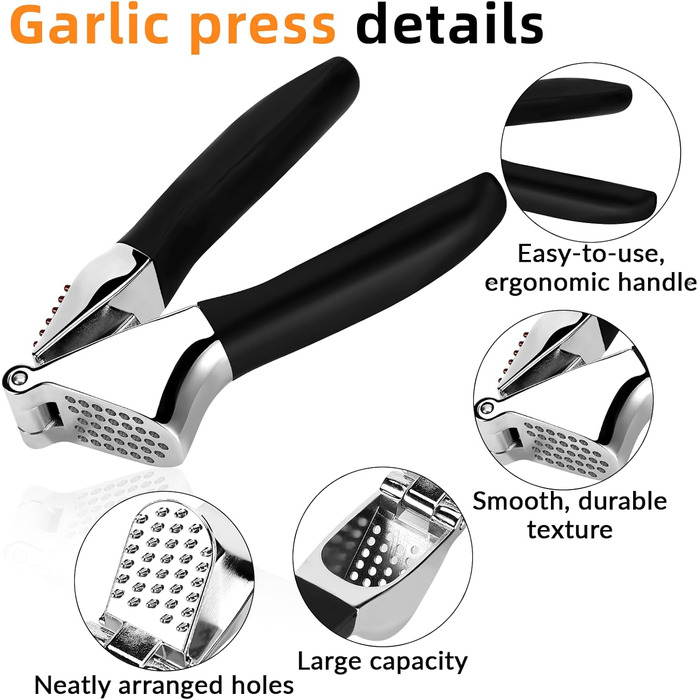 Прес для часнику з нержавіючої сталі з зручною ручкою, для подрібнення часнику та імбиру, безпечний для миття в посудомийній машині