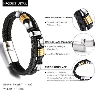 Браслет дитячий Halukakah Ehre Junior для хлопчиків зі шкіри чорного бика, з магнітним застежкою, покритий золотом/платиною, з титановими перлинами (6-12 років, 18-19.5 см)