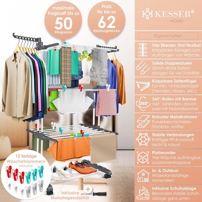 Кюссер® Сушилка для білизни з колесами - Турбо-модель, 4 яруси, 2 обертові крила, 6 склавних секцій, білий/антрацитовий