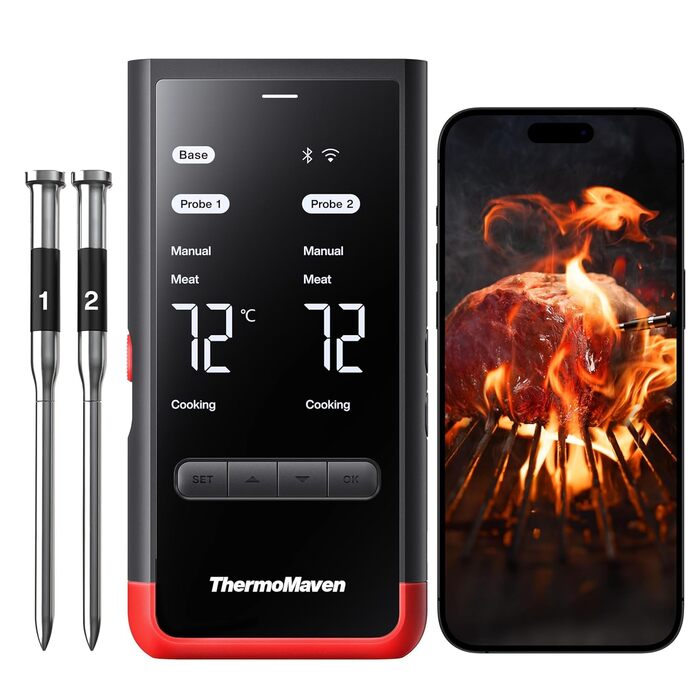 ThermoMaven P2 Розумний термометр для м'яса Бездротовий – Bluetooth 5.3, 2 зонди, 6 сенсорів, необмежений моніторинг через Wi-Fi, IPX8 водонепроникний, для гриля, духовки, кухні, фритюрниці