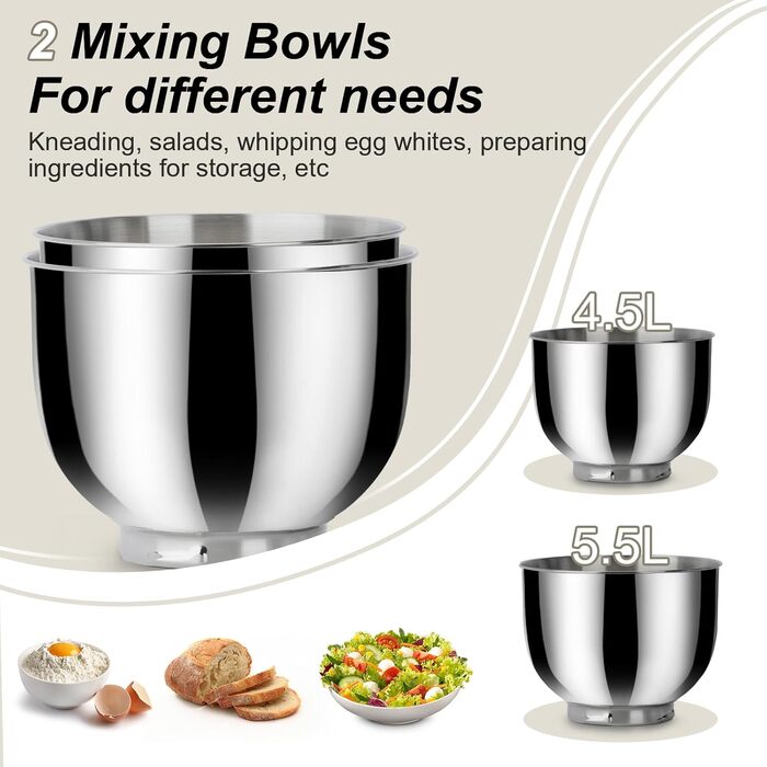 Кухонна машина Cheflee 1500W з місткими чашами 4.5 та 5.5л з нержавіючої сталі, 10+ швидкостей, набір насадок (міксер, гак для тіста, вінчик, захист від бризок) (Darkgrey)