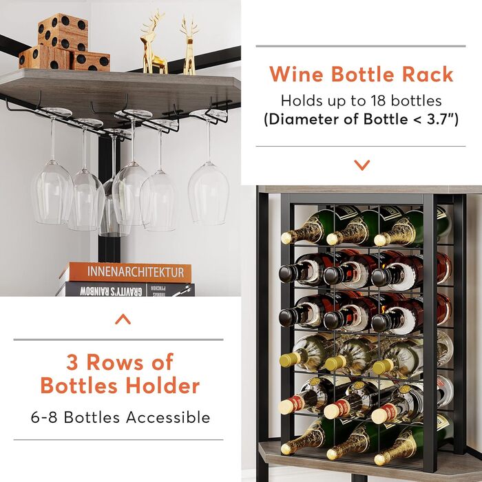 Tribesigns Wine Rack Freestanding Floor, 4-Tier Corner Wine Rack with Glass Holder & Wine Storage, Industrial Wine Rack Wine Bar Cabinet for Bar, Kitchen, Dining Room, Grey