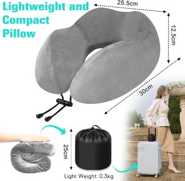 Подушка для шиї у вигляді звірка, Memory Foam, для дорослих, з маскою для сну та берушами, для подорожей, літака, офісу, авто, поїзда (Сіра)