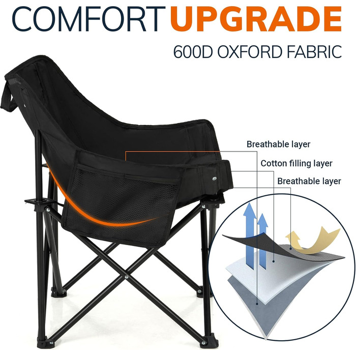 Набір складних кемпінгових стільців OVERMONT (2 шт.) до 135 кг з сумкою для транспортування - для саду, балкону, пляжу, риболовлі, чорний