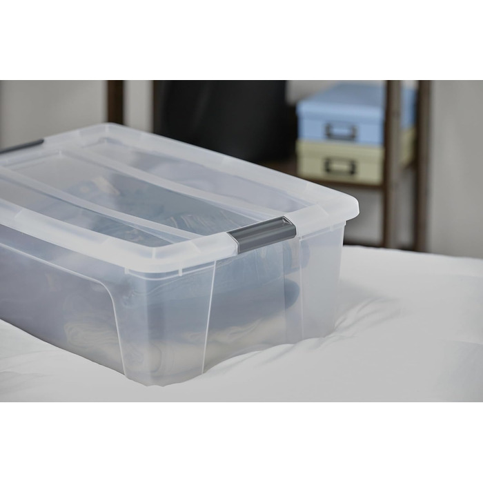 Iris Ohyama Storage Boxes with Lid, 60L, 4-Piece Set, Silver, Secure Closure, Stackable, Handles, for Bedroom, Closet, Office, Organization, BPA-Free Plastic, Storage Boxes, NTB-60 (Silver, 30L/4-Piece Set)