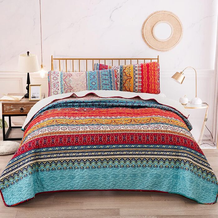 WONGS BEDDING Quilt Set 220x240 Bedspread Bohemian Throw Blanket Stepped Quilt 3-Piece Double Bed Quilted Bedspread Microfiber Living Room Blanket with 2 Pillowcases 50x70 for Bedroom as Sofa Throw (Bohemian)