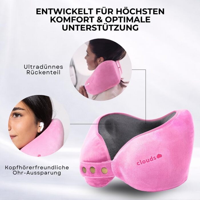 Подушка для шиї CLOUDS для подорожей: авто, літак. Memory Foam, регульована, 2 розміри (S/M), дихаючий чохол, рожевий.