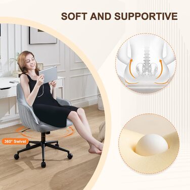 Офісний стілець для дому та офісу до 136 кг, обертовий, оксамитовий, з підлокітниками та колесами, ергономічний, зручний для жінок та дівчат, регульована висота, спальня, домашній офіс (Сірий, Оксамит)