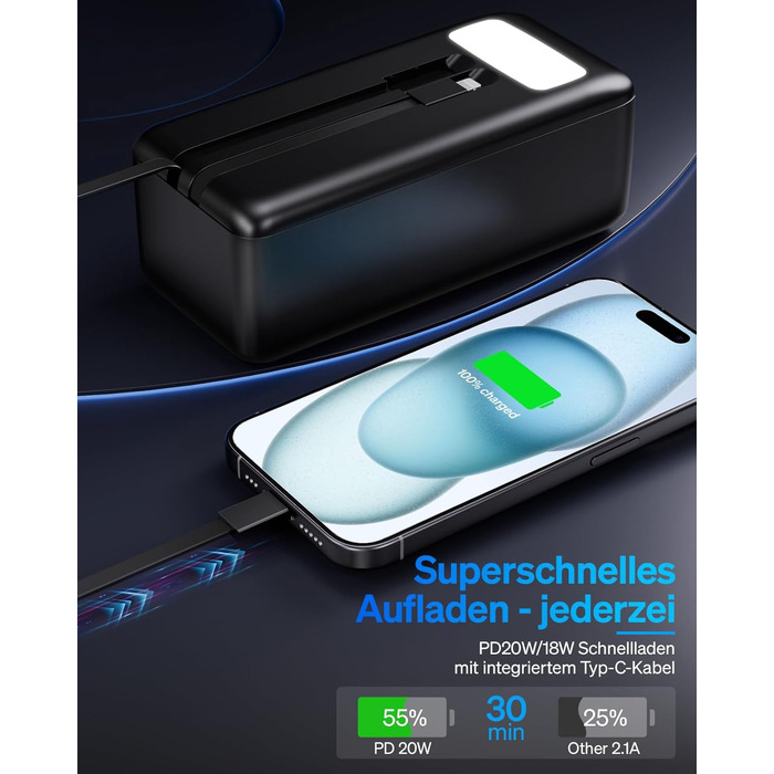 Портативний зарядний пристрій Power Bank 50000 mAh з вбудованим кабелем: швидка зарядка 22,5W, велика ємність, LED-ліхтарик, 7 виходів & 3 входи, чорний