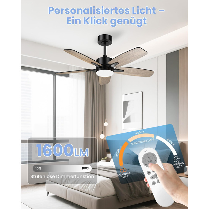 Стелянка вентилятор 106 см з підсвіткою та двосторонніми лопатями, тихий вентилятор з LED-лампою та пультом керування, для спальні та вітальні, DC мотор, штанга темне дерево