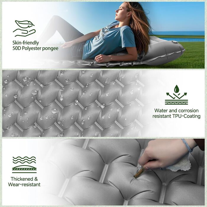 Каремат туристичний надувний Isomatte 9 см, 200x68 см, з подушкою, водонепроникний - для кемпінгу, походів, пляжу (Сірий)