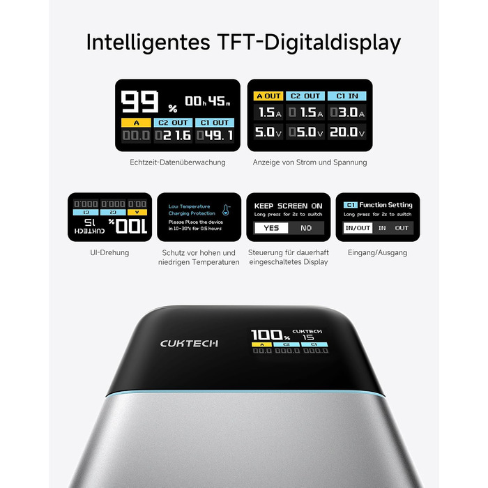 Повербанк CUKTECH 15 Air 15000mAh 100W з цифровим дисплеєм та швидкою зарядкою USB-C для iPhone 16/15/14/13, Samsung Galaxy, iPad, ноутбуків Dell