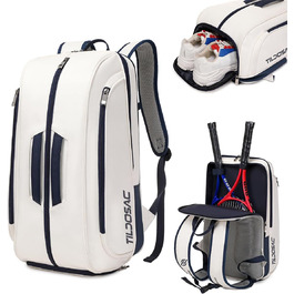 Tennis Padel Pickleball Bag - Large Sports Bag with Shoe Compartment, Laptop Sleeve & Ball Sleeve - White/Blue