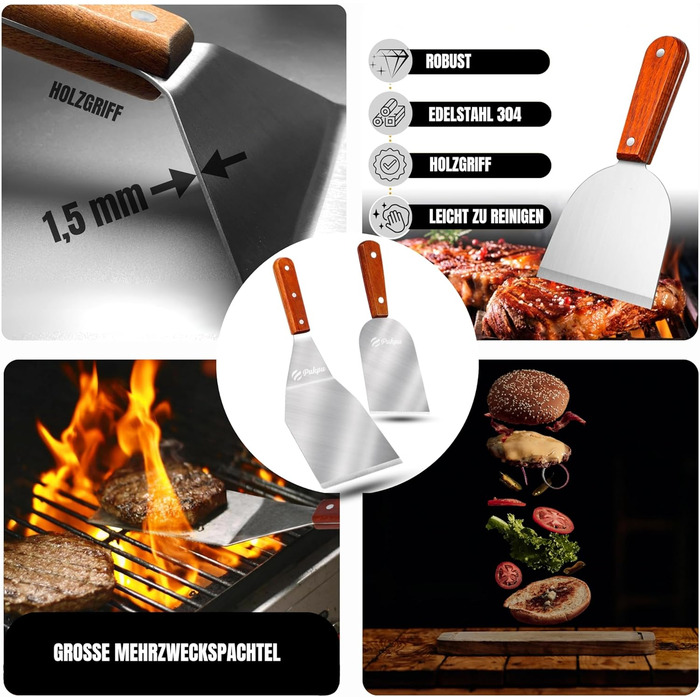 Набір для приготування Smash Burger: прес, сплескач, 2 кришки для плавлення, лопатка та шампури для гриля – подарунок для чоловіків та любителів гриля (6 шт, коричневий)