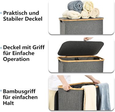 ROSOS Laundry Basket with Lid, 145L Foldable Laundry Basket with 2 Compartments and Removable Laundry Bag, Laundry Collector with Lid & Bamboo Handle, Waterproof Laundry Box with Lid, Grey