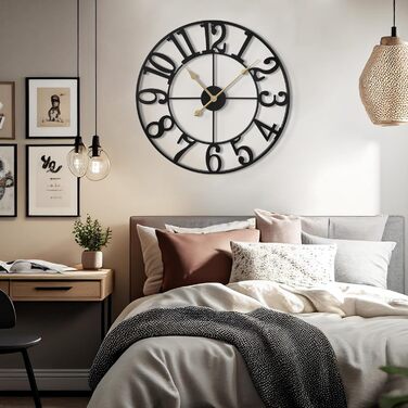 HAITANG Large Vintage Wall Clock, round, metal silent (no ticking), battery-powered, 40cm, 16 inch Roman numerals, clocks for living room, bedroom, kitchen wall clock decoration (Black Arabic numerals, 40 Cm)
