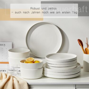 Набір посуду Jiwoo для 4 осіб (12 предметів): тарілки, супові миски, десертні тарілки - Bone China, сучасний дизайн, безпечно мити в посудомийній машині та використовувати в мікрохвильовці