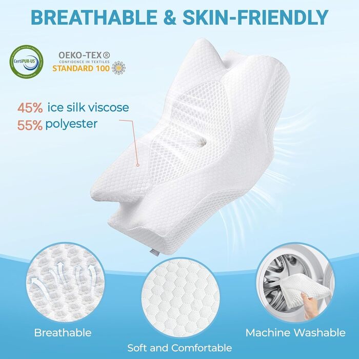 Подушка ортопедична Elviros з піни Memory Foam для сну на боку, 64х38 см, сіра - комплект 2 шт.