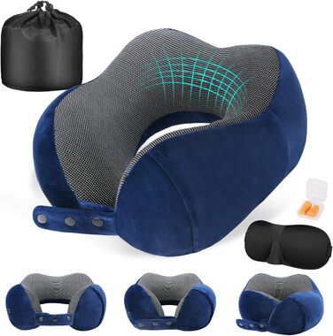 Подушка для шиї у літак, доросла, з піною-пам'яттю, регульована, компактна, ергономічна, м'яка, дихаюча, з навушниками, маскою для очей, чохлом (Блакитна)