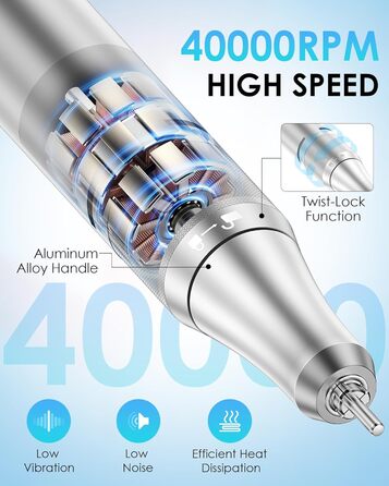 Електричний фрезер для нігтів з LCD дисплеєм, 40000 об/хв, 15 насадок, для манікюру та педикюру, F/R напрямок обертання, для салону та дому (білий)