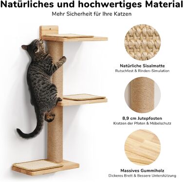Cat Climbing Wall, Cat Shelves made of Solid Rubberwood and Jute, 3-in-1 Transformable Cat Scratching Post Wall Mounted, DIY Cat Wall/Platform, Suitable for Cats to Climb, Play, and Scratch