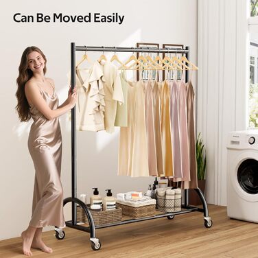Міцний вішак для одягу на колесах MISSLO для спальні, металевий, з полицею - мобільна вішалка для одягу, пальто, чорний