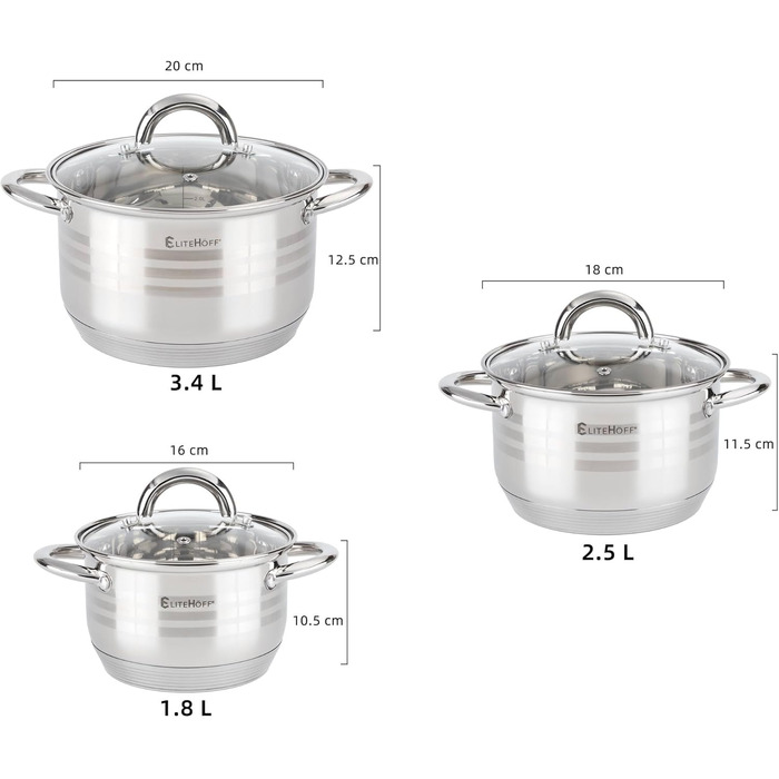 Набір каструль EliteHoff Induktion 6-teilig: нержавіюча сталь, склокришки, для всіх плит (E-4304)