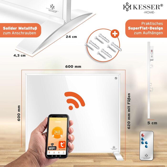 Інфранічний обігрівач KESSER® 350W: енергозберігаючий, з пультом, термостатом та керуванням через додаток. Можливість встановлення на підлогу або на стіну. Білий конвекторний нагрівач.