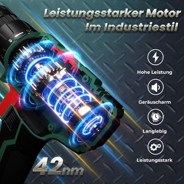 Акумуляторний шуруповерт 20V з акумулятором 2000mAh, 42Nm, 25+1 ступенів, 10мм патрон, LED-підсвітка, сумісний з Makita, для ремонту та DIY Green