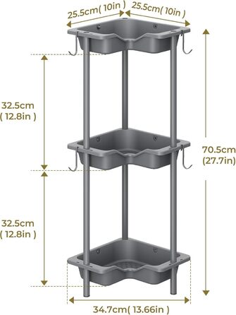 Поличка для душу OriwarE без свердління, кутова, 3 яруси, з гачками, з нержавіючої сталі, сіра