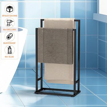 Підставка для рушників на підлозі, металева, з 2 перекладинами, чорна, для ванної кімнати, стабільна, економна