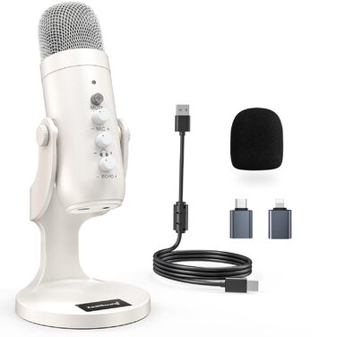 Zealsound USB мікрофон K66 Pearly White: для стрімінгу, геймінгу, YouTube, ASMR, вокалу. З шумозаглушенням, Mute, регулюванням Gain. Сумісний з PC, Mac, iPhone, Android, PS4/PS5