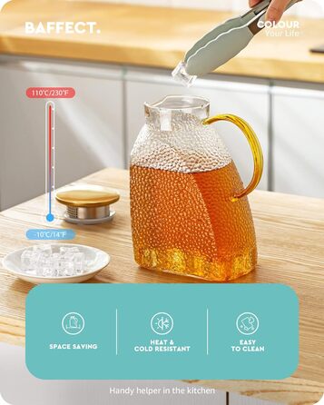 Baffect Water Jug, Glass Carafe with Stainless Steel Lid, Leak-Proof Refrigerator Door Carafe for Hot or Cold Drinks (1.8 L/63 oz.)