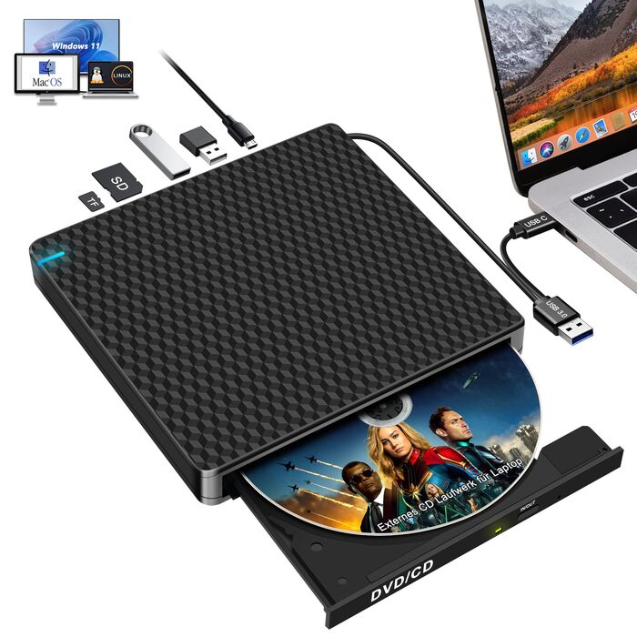 Зовнішній DVD-привід USB-C CD/DVD гравер та плеєр для MacBook, ноутбуків та ПК (Windows 11) з 2 USB-портами та SD/TF слотом, чорний