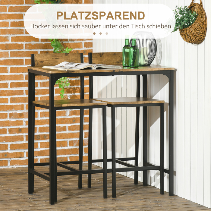 HOMCOM 3-Piece Bar Set with Standing Table and 2 Stools - MDF, Metal Frame, Weatherproof, Brown