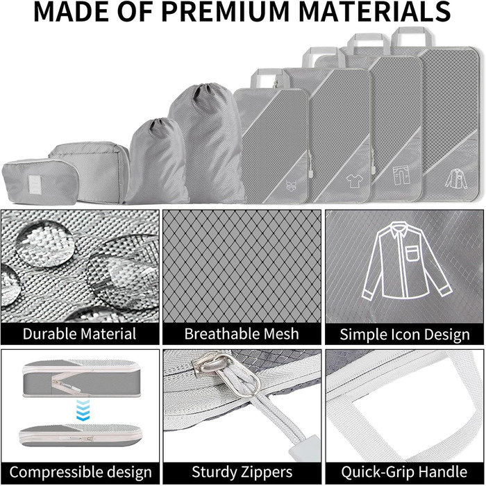 Органайзер для валізи, набір 6 шт. Компресійні кубики для пакування, органайзер для подорожей, сірий (8 шт.)