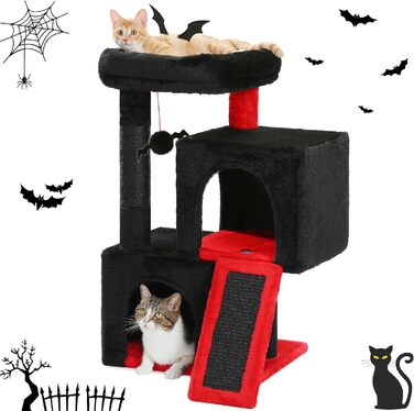 PETEPELA Scratching Post with Dual Condos for Apartment Cats, All-in-One Cat House with Padded Perch, Scratch Ramp & Post, and Replaceable Balls (Black, S 77cm)