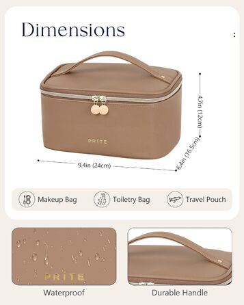 Велика косметичка для жінок, дорожня туалетна сумочка з водонепроникної шкіри, велика косметичка або сумочка для макіяжу з ручкою та знімним роздільником (коричнева)