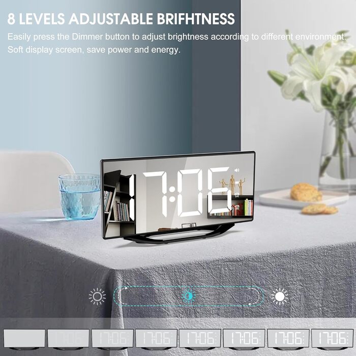 Loud alarm clock with bed shaker for heavy sleepers, digital dual alarm clock with vibration, 8.7'' LED mirror alarm clock for children, teenagers, 7 volume levels and dimmer, battery backup, snooze, 12/24H-DST