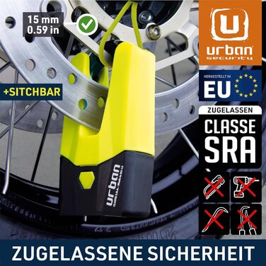 Замок для мотоцикла URBAN U9DY на гальмівний диск, висока безпека 18 рівня, загартована сталь 15 мм, подвійне блокування, сертифікат SRA, вироблено в ЄС