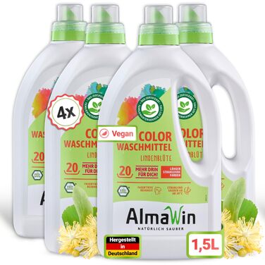 Рідкий пральний засіб для кольорових речей AlmaWin Color з ароматом липи, веганський, еко-засіб для прання (4х1.5л, 80 прань, 30-60°C)