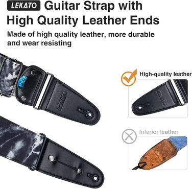 Гітарний ремінь LEKATO, смугастий, 6.7 см, з регулюванням, з шкіри, з кишенькою для медіатора та 6 медіаторів/фіксаторами ремінця - для бас-гітари, електро- та акустичної гітари (Колір: Nebel)
