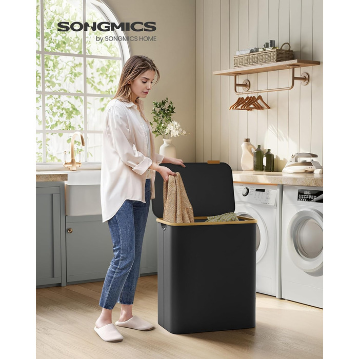 Laundry Basket, 3 compartments, 150 L, foldable, removable bag, Oxford fabric, bamboo, 60x38.5x70.5 cm