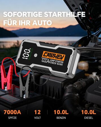 CARHEV 7000A Пусковий пристрій (Powerbank) для автомобіля 12V, для бензину/дизеля, з QC 3.0 USB, LED