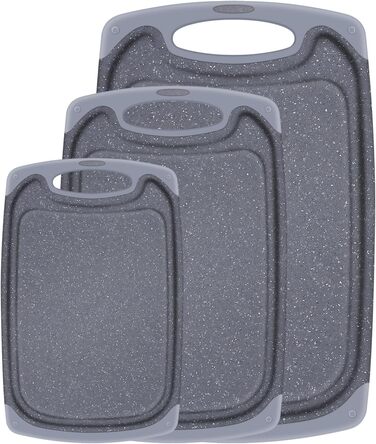 Набір обробних дощок з пластику, 3 шт. з жолобками для соку та антиковзними ручками. Без BPA, придатні для миття в посудомийній машині. Сірий кухонний дошка.